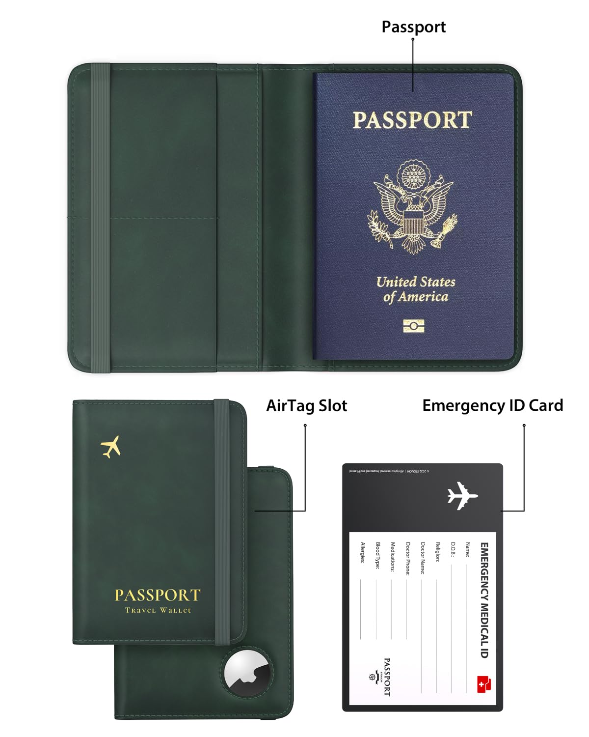 Stouchi Passport Holder with Airtag Slot, Airtag Passport Wallet for Men, Slim Leather Passport Holder Case Family for Travel Anti-Lost, Green