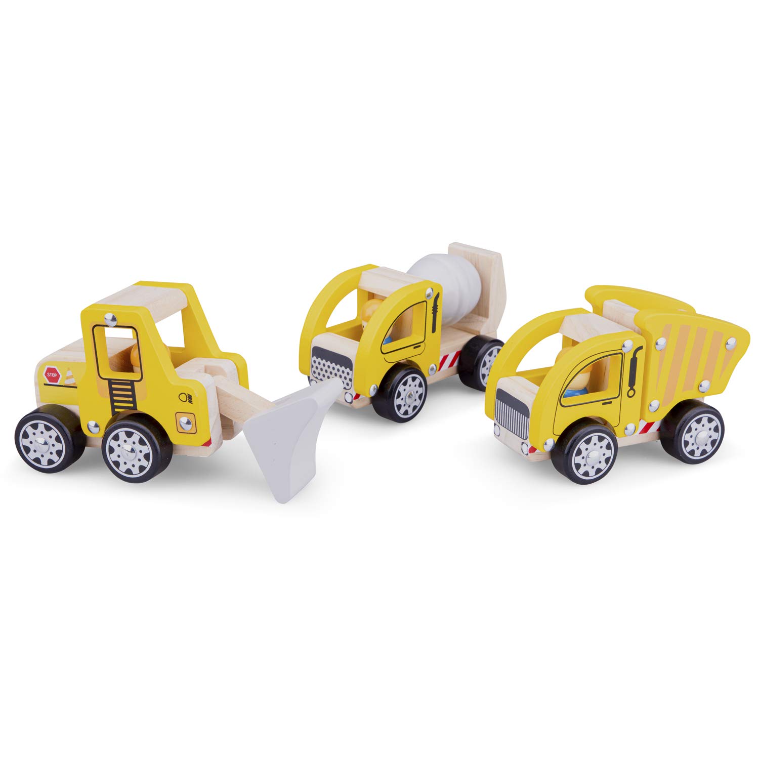 New Classic Toys 11948 Wooden Construction Vehicles Set for Toddlers First Cars for One Year Old, Yellow