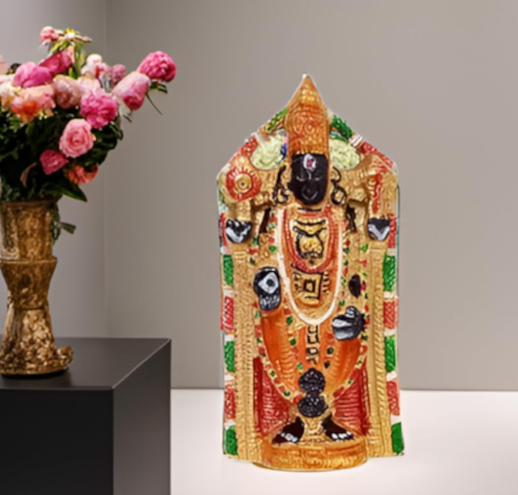 Purpledip Metal Wall Hanging Idol Tirpuathi Balaji: Meenakari Painting Collectible Statue For Home Temple (12360)