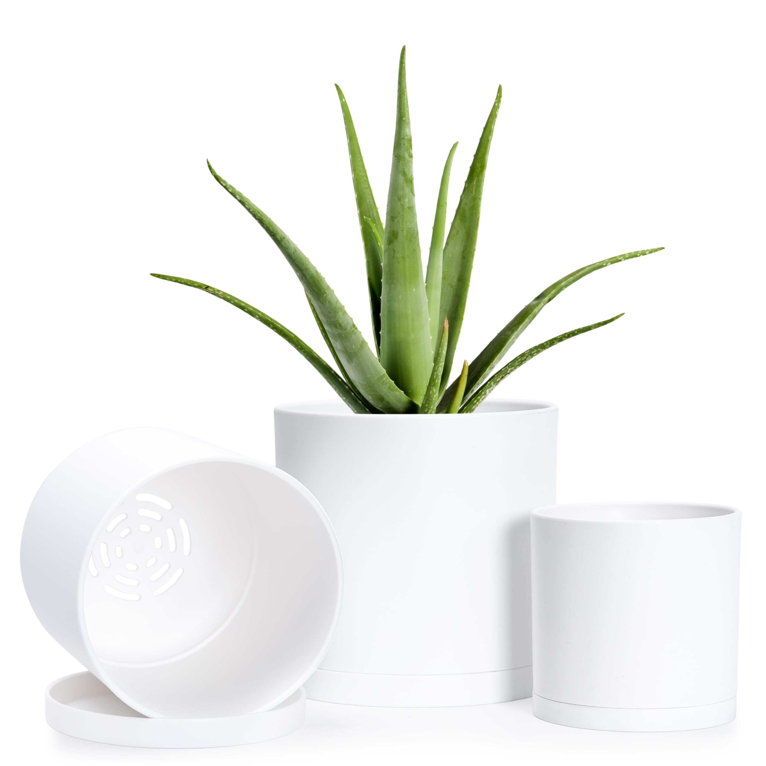 Set of 3 Minimalist Small 4" 5" 6" Cylinder Plastic Planter Pots with Drainage Hole and Seamless Saucers, White Color