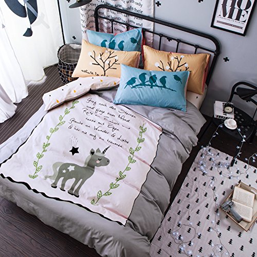 TheFit Paisley Textile Bedding for Adult U1524 Sweet Unicorn Duvet Cover Set 100% Cotton 400 Thread Count , Queen Set, 4 Pieces