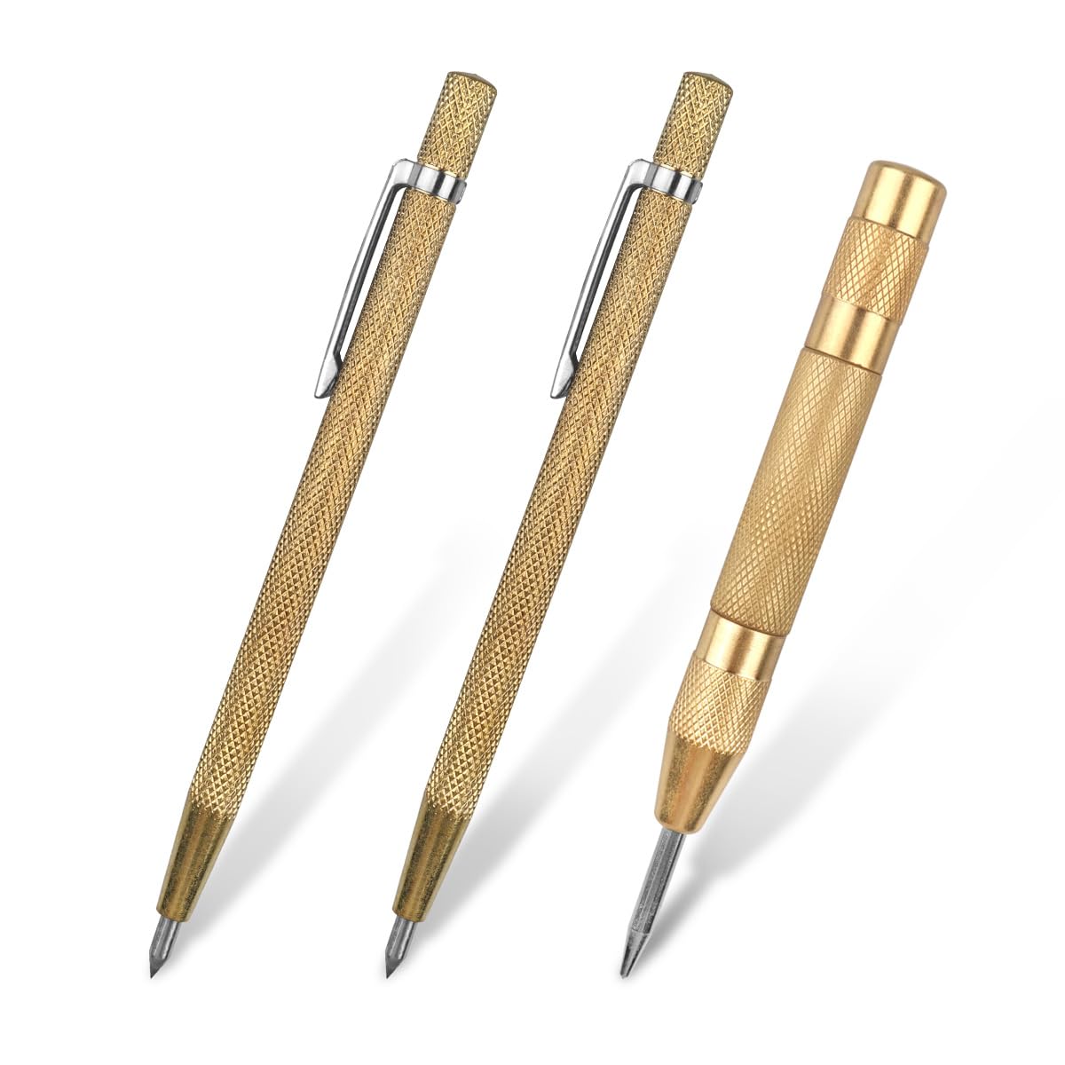 CBRIGHT Tungsten Carbide Tip Scriber Tool Metal 2Pack, Alloy Etching Engraving Pen with Clip,Brass Automatic Center Punch 1Pack