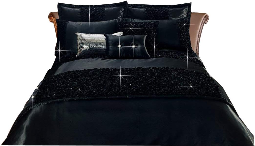 3 Piece Savio Polyester Duvet Quilt Cover Fancy Sequin Glitter Bedding (Black, Super King)