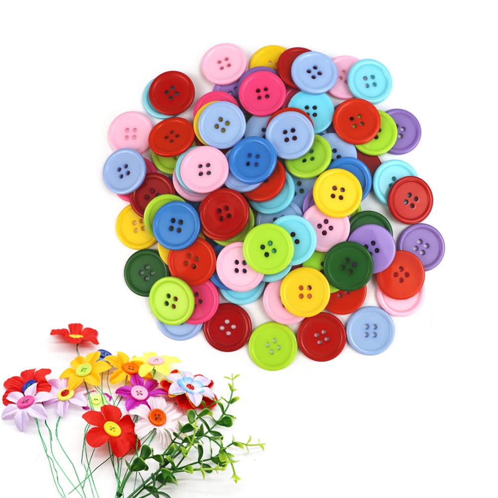 100Pcs 25mm Resin Sewing Buttons Round Flatback Decorative Buttons 4 Holes Craft Buttons for Sweaters Sewing Fasteners Scrapbook Decorations Handmade Ornament (Multicolored)