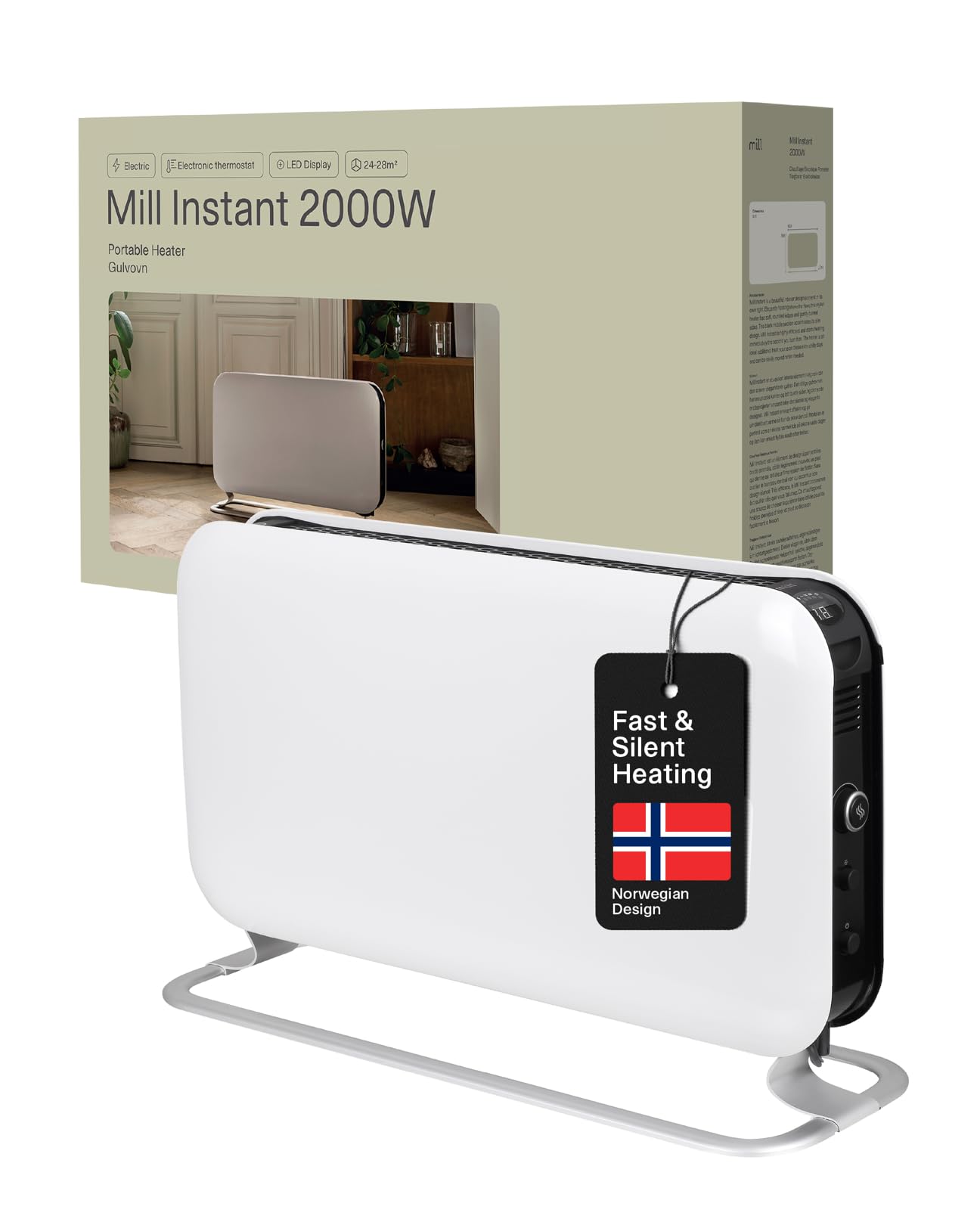 Mill Instant Portable Heater 2000W LED, Convector Heater for 24-28m2, Electric Heaters for Home, Easy to Move Quiet Fan Electric Radiators Free Standing, Rapid Heat Plug In Radiator Designed in Norway