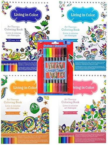 Art Therapy Coloring Books for Adults Portable 4 Book Set 8 Double Sided Markers