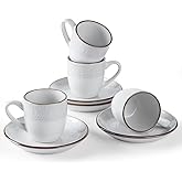 famiware Espresso Cups and Saucers Set of 4, 3 oz Ceramic Small Coffee Mug with Handle, Embossed Stoneware Demitasse Cup for Tea, Latte - Microwave & Dishwasher Safe - White Flower