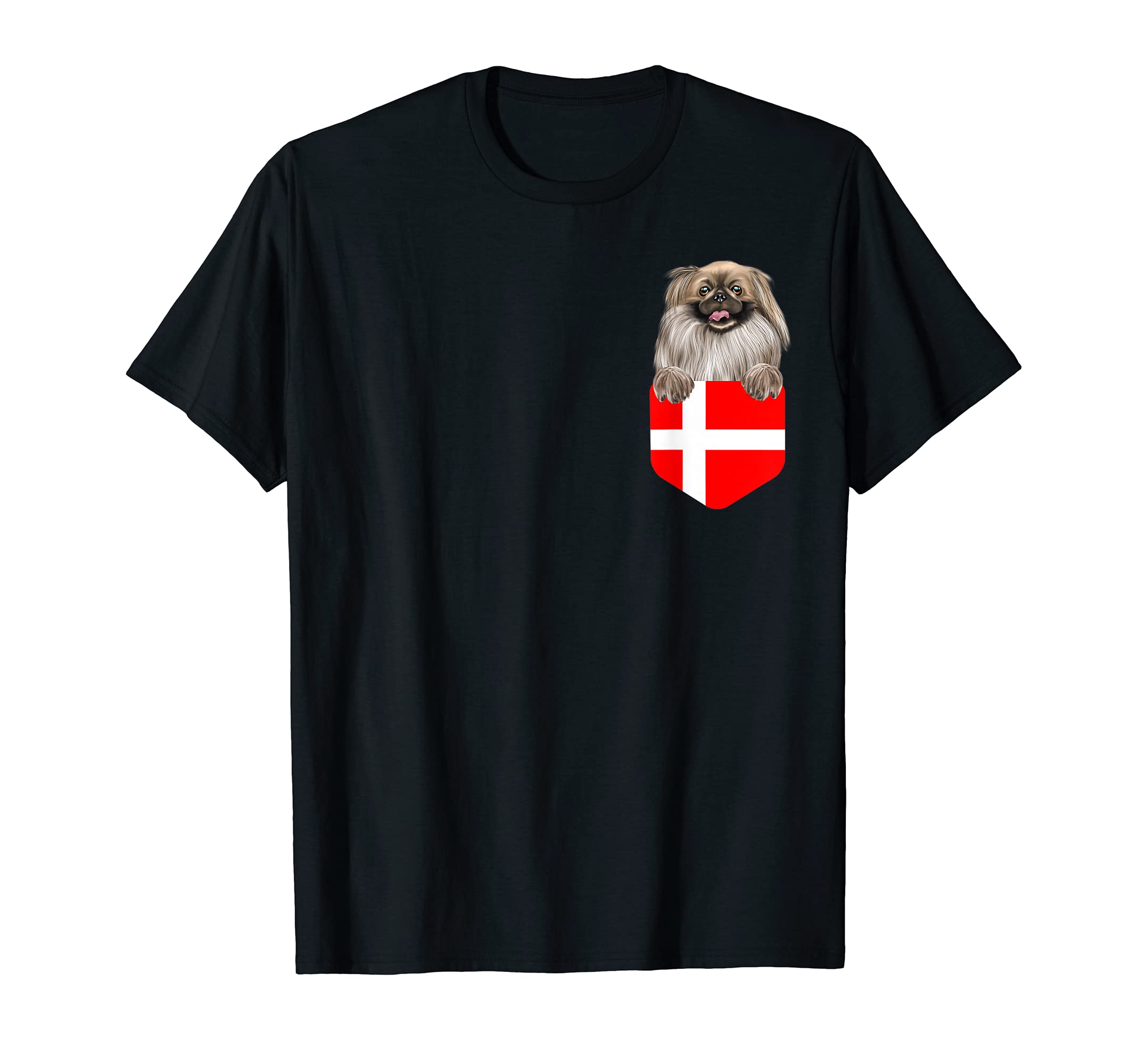 Denmark Flag Pekingese Dog In Pocket T-Shirt