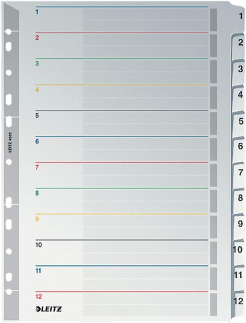 Leitz A4 1-12 Re-Writable Index, Heavy Duty Cardboard with Mylar Tabs, Extra Wide, Grey