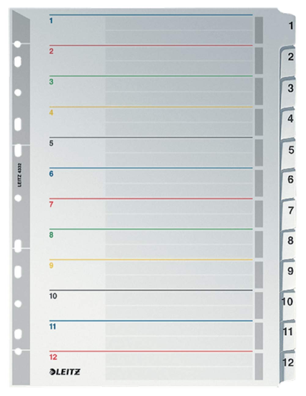 Leitz A4 1-12 Re-Writable Index, Heavy Duty Cardboard with Mylar Tabs, Extra Wide, Grey