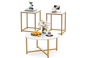 COSTWAY Coffee Table Set of 3, Round Faux Marble Coffee Table and 2 Square End Side Tables with Metal Frame, Modern 3-Piece Living Room Tables Set for Small Space, Apartment (White & Gold)