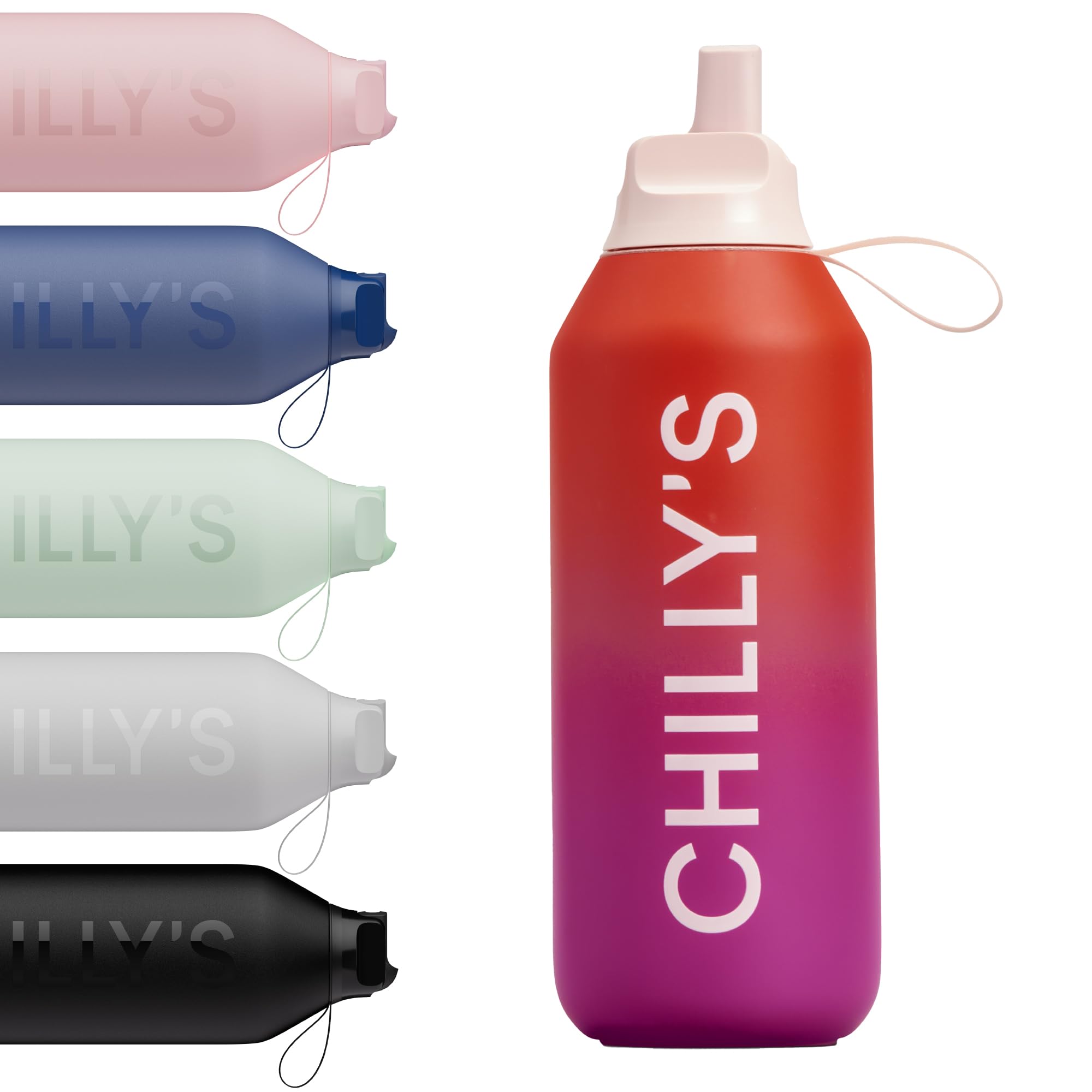 Chilly's Series 2 Flip Water Bottle with Sports Lid - Vacuum Insulated Stainless Steel Water Bottle with Straw, Carry Loop, & Cleaning Brush - No Sweat - 500ml - Endless Horizon — image 1