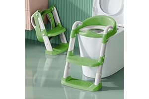 BONBAY Potty Training Toilet Seat For Boys Girls, Toddler Toilet Seat With Step Stool Ladder, Foldable Toddler Potty Seat For Toilet With Non-Slip Design, Adjustable Height (Green & White)