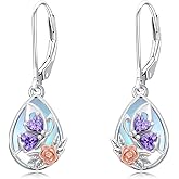 Moonstone Earrings Sterling Silver, Butterfly Earrings with Amethyst, Teardrop Dangle Earrings for Women, Hypoallergenic French Hook