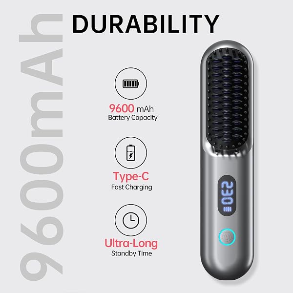 CORDLESS HAIR STRAIGHTENER BRUSH – PORTABLE STRAIGHTENER BRUSH WITH 9 TEMP SETTINGS, MINI STRAIGHTENING COMB FOR TRAVEL, 9600MAH RECHARGEABLE BATT & 224 MILLION NEGATIVE IONS (GREY)