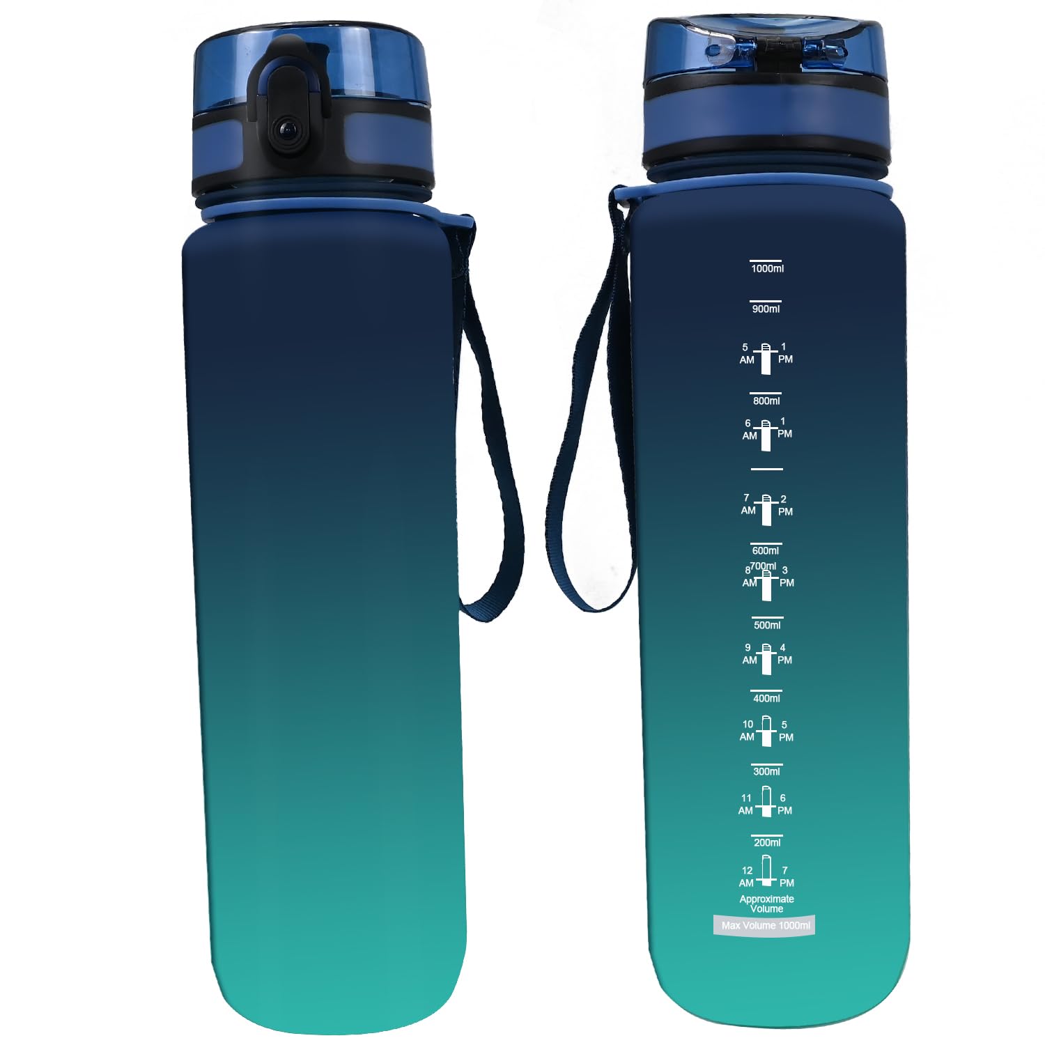 MIKOWEN Water Bottle 1L Drinks Bottle with Time Markings- Motivational Water Bottles for Gym, Hiking, Fitness, Yoga (Blue-green)