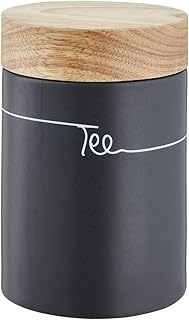 Teedose Teebox Vorratsdose luftdicht Keramik grau anthrazit mit Holz-Deckel Dosenaufdruck Tee