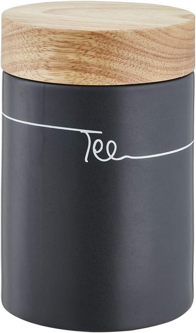 Teedose Teebox Vorratsdose luftdicht Keramik grau anthrazit mit Holz-Deckel Dosenaufdruck Tee