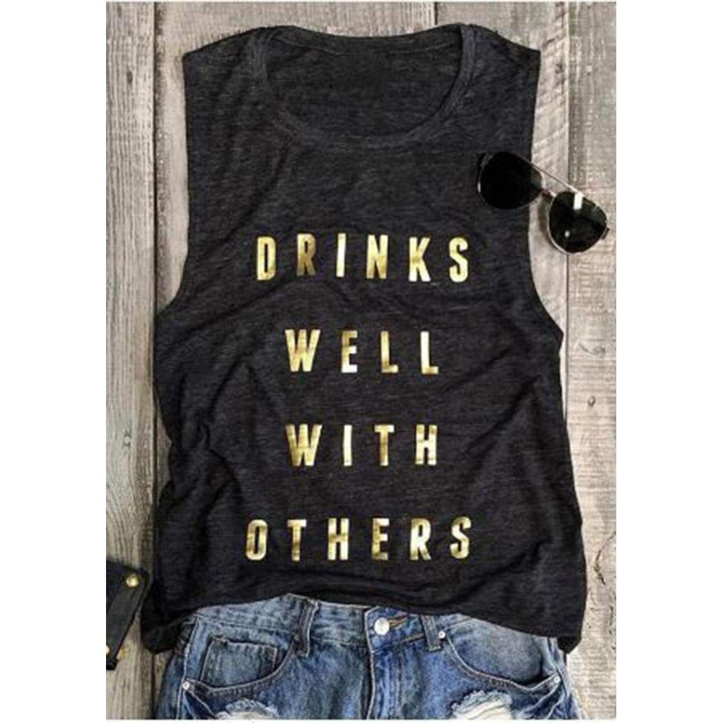 UpBeauty Women Summer Letter Printed O Neck Causal Tank Top Tanks & Camis S-3XL Grey
