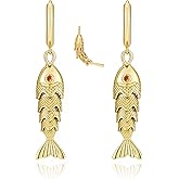 Gold Fish Earrings for Women Dainty Summer Beach Drop Earrings Chunky Statement Fish Hoop Earring Unique Vacation Tropical Animal Jewelry