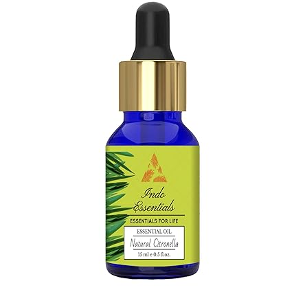 Indo Essentials Citronella Steam Distilled, Pure and Natural Mosquito Repellent Essential Oil (15 ml)