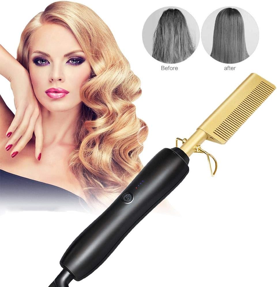 Electric Hot Straightening Heat Pressing Comb 2 in 1 Multifunctional Wet Dry Straight Hair Curler Electric Comb Ceramic Curling Flat Iron Hair Straightener for Natural Curly Hair, Wigs, Beards