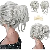 SARLA 2PCS White Messy Bun Hair Pieces for Women Detachable Claw Clip Wavy Curly Synthetic Hairpieces for Updos with Tendrils Fake Scrunchies Ponytail Extension
