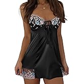 Kolagri Womens Sexy Satin Nightgown Spaghetti Strap Floral Lace V Neck Lingerie Dress Slip Babydoll Chemise Sleep Wear