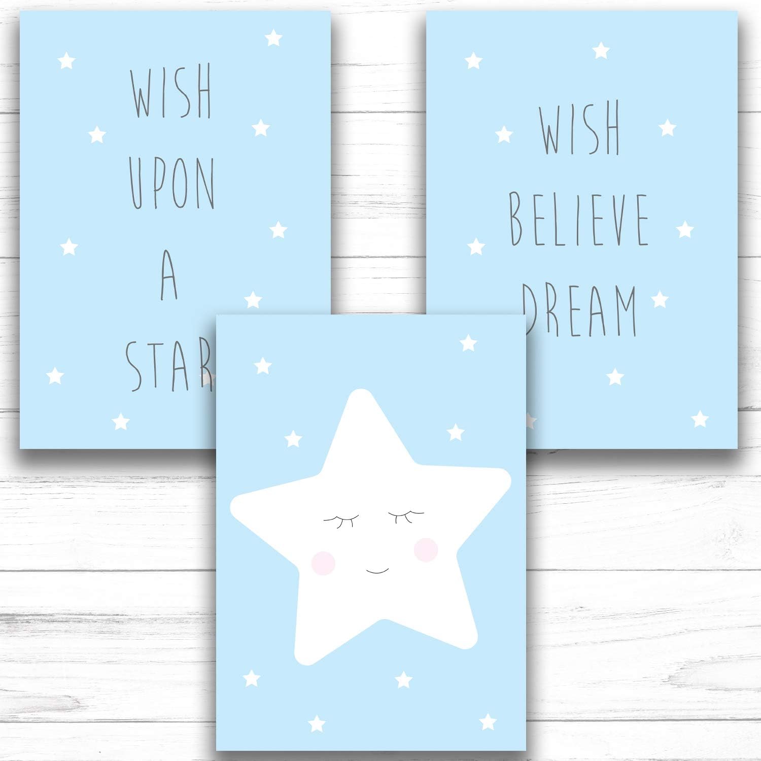 Fabian Roo 3pc Hand Drawn Nursery Décor - Adorable A4 Card Prints - Optional Wooden Frames Available! (23 - Wish Upon A Star (Blue), A4 Card Print)