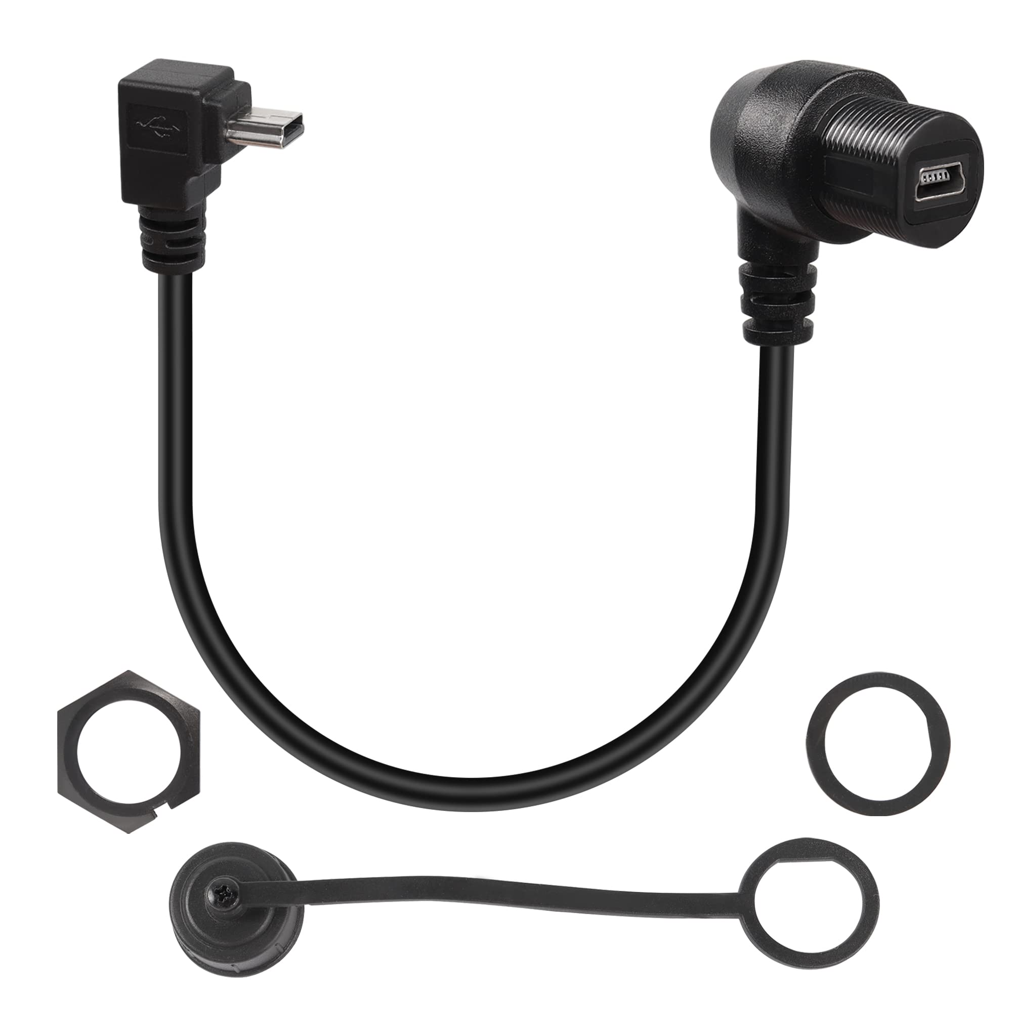 QIANRENON 90 Degree Angle Mini USB Round Recessed Waterproof Extension Cable Mini USB 5 Pin Right Angle Male to Female Panel Mount Cable, Threaded to Dashboard or Panel,28cm/11in (up Bend Male)