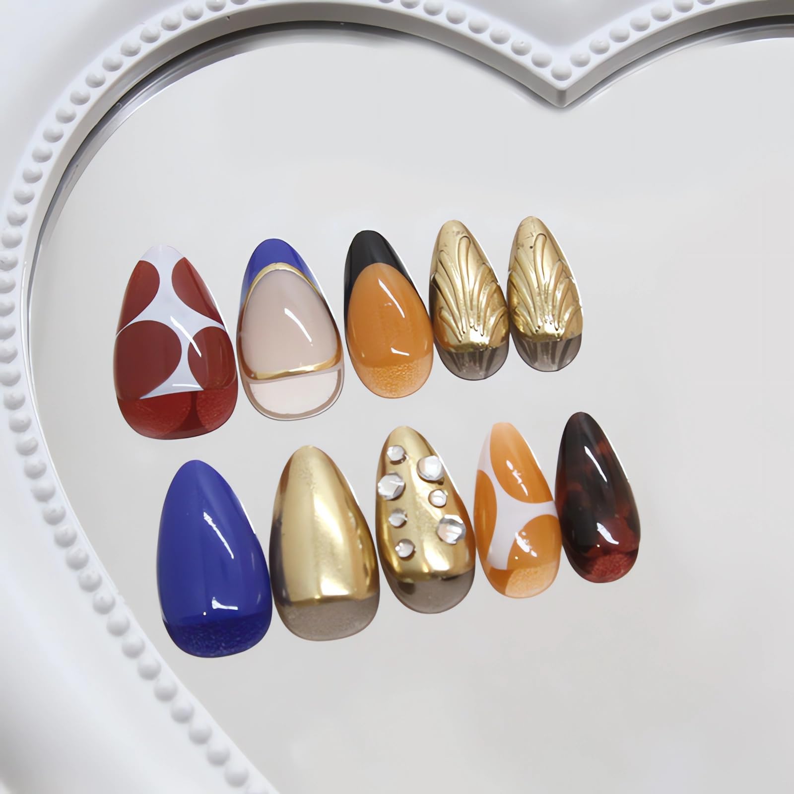 LPOODDNU French Stereoscopic Press on Nails Almond Shaped Autumn Winter Metallic Effect Fake Nails Medium Length Glue on Nails Multicolored 3D Handmade Acrylic Nails Cute Stick on Nails for Women - Image 3