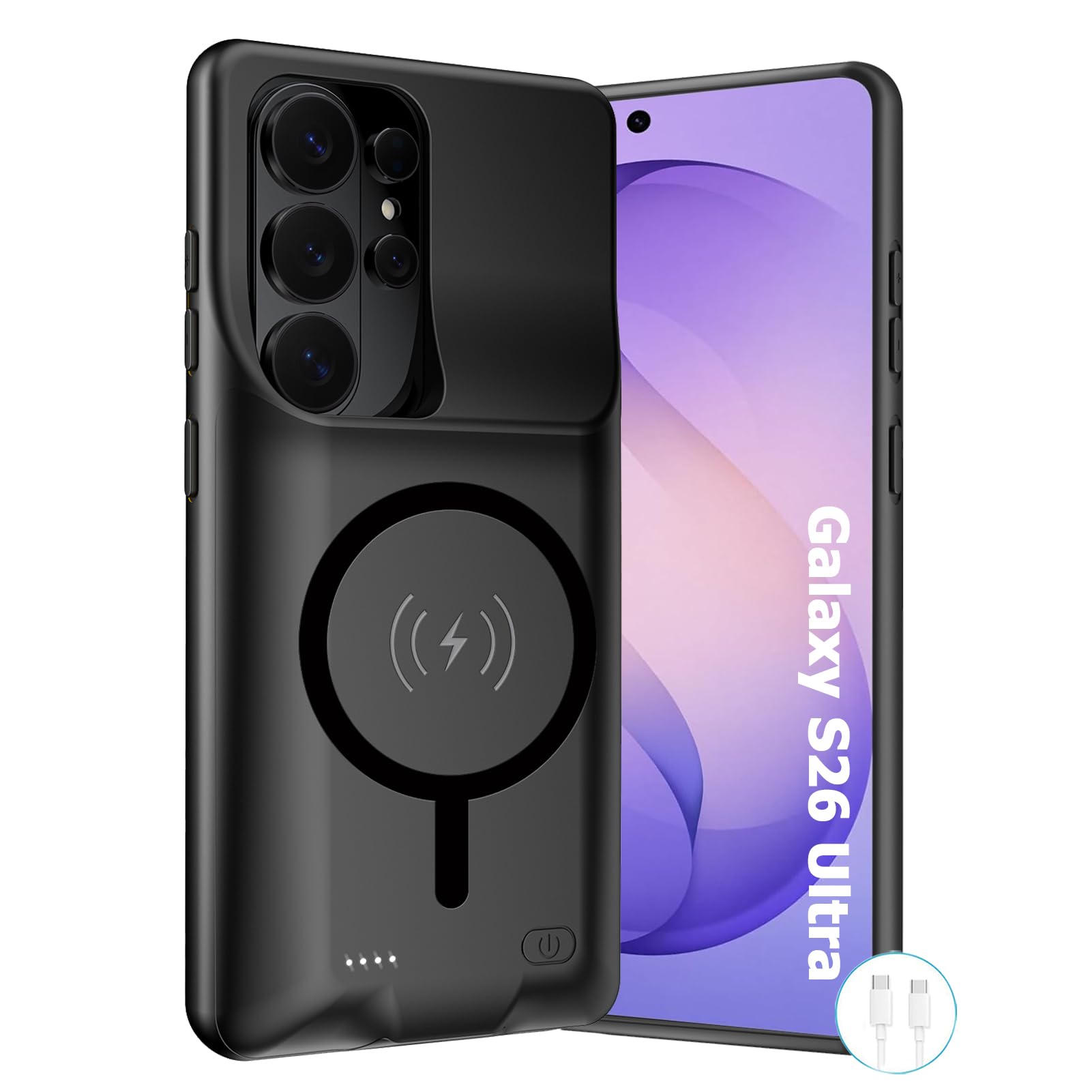 Wireless Charging Case for Galaxy S26 Ultra, Upgraded 12000mAh Rechargeable Portable Charging Case Compatible with Galaxy S26 Ultra (6.9 inch) with Carplay Extended Battery Pack Charger Case (Black)