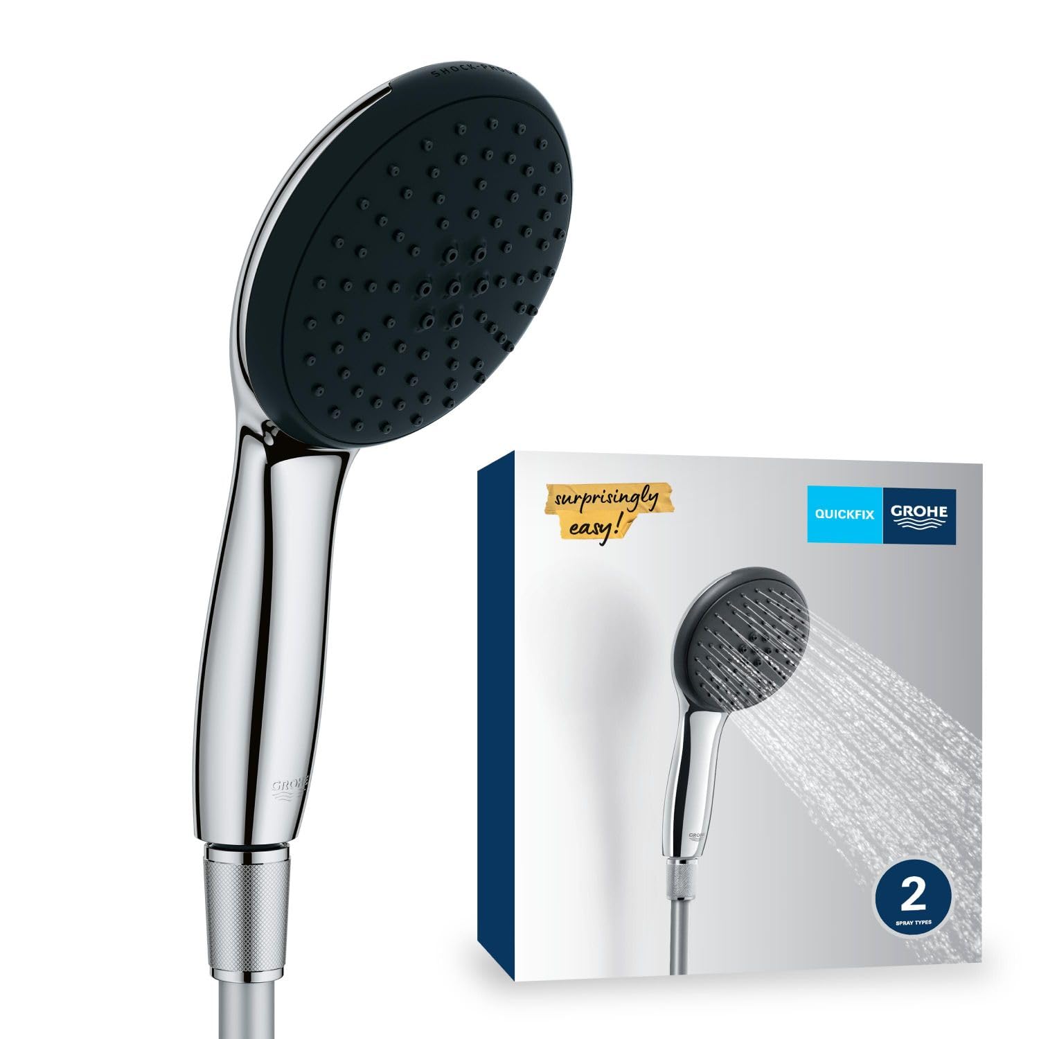 GROHE Vitalio Start 110 - Shower Set (Round 11 cm Hand Shower 2 Sprays: Rain & Jet, Anti-Limescale System, Silicone Ring, Water Saving, Shower Hose 1.5 m, Universal Mounting System), Chrome, 26972001