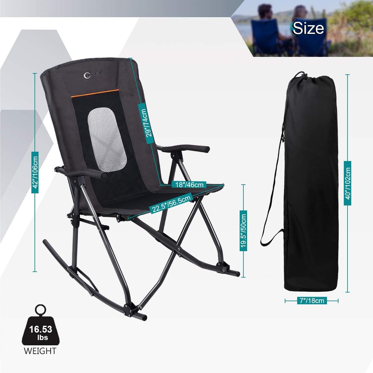 PORTAL Oversized Quad Folding Camping Rocking Chair High Back Hard Armrest Carry Bag Included, Support 300 lbs, Black: Furniture & Decor
