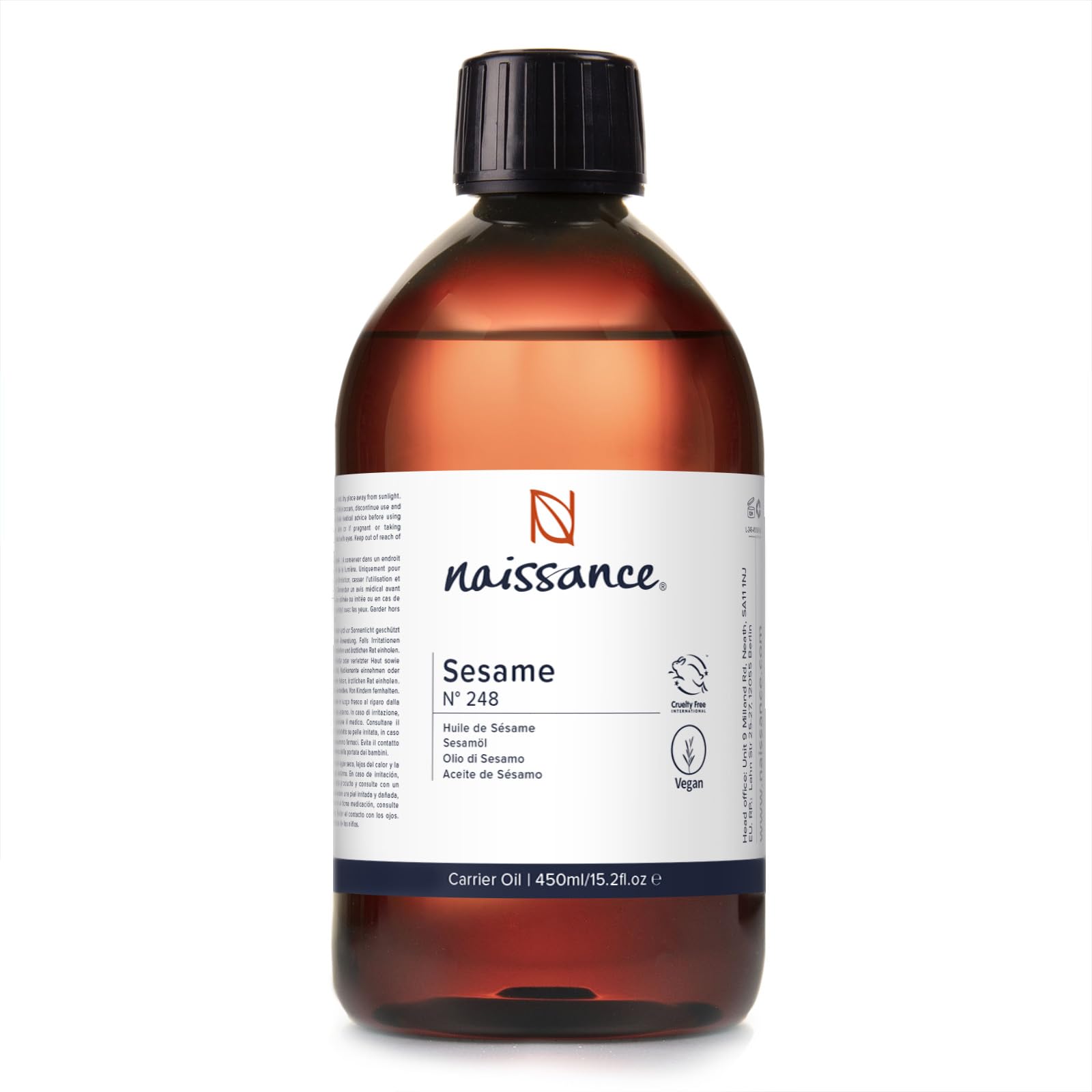 Naissance Sesame Seed Oil (No. 248) - 450ml - Natural Moisturiser For Skin, Face, Beard, Nails, Hair, Body - Massage, Aromatherapy, DIY Beauty, Conditioner - Vegan, No GMO