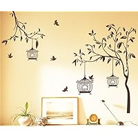 Decals Design 'Tree with Birds and Cages' Wall Sticker (PVC Vinyl, 60 cm x 90 cm, Brown)