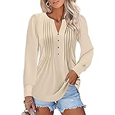 TICTICMISS Women's Puff Long Sleeve Tops Pleated V Neck T Shirts Henley Button Tunic Blouses