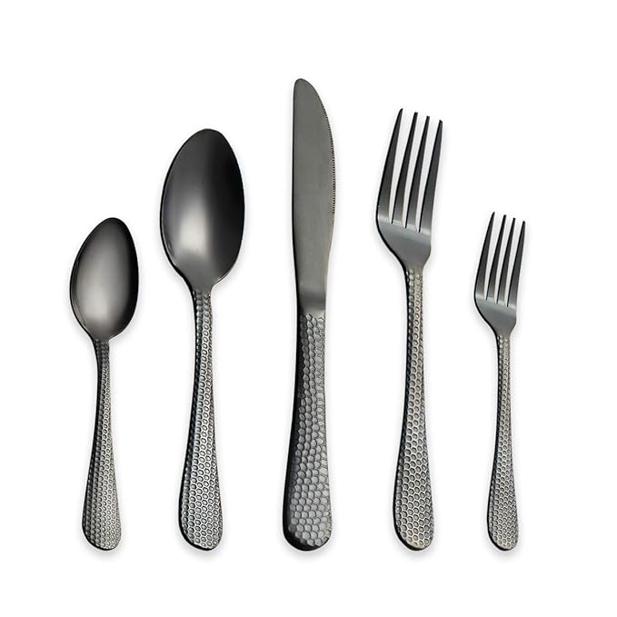 Berglander 30 Stück Titanium Black Plated Edelstahl Hammer Besteck Set, Schwarz Gemischte Bestecksets, Service für 6 (glänzen