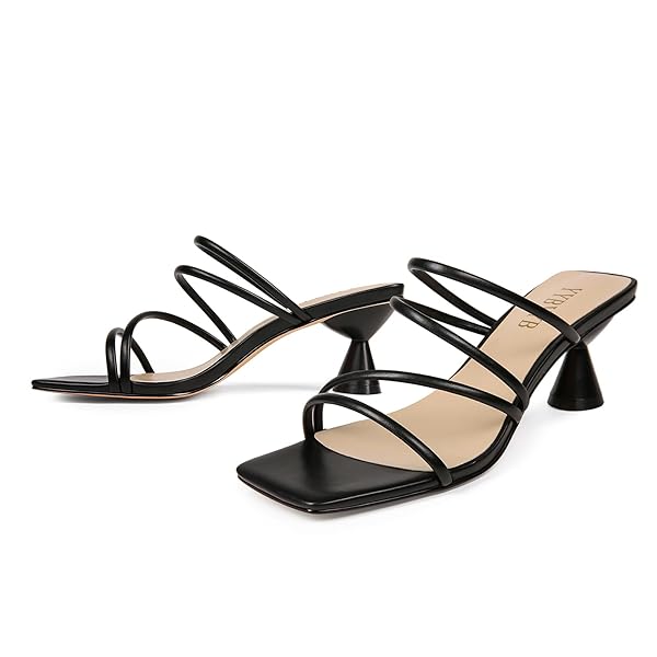 YYBYYB BLACK KITTEN HEELS FOR WOMEN SQUARE TOE STRAPPY HEELS DRESSY COMFORTABLE HEELED SLIP ON SANDALS BLACK DRESS SHOES-9