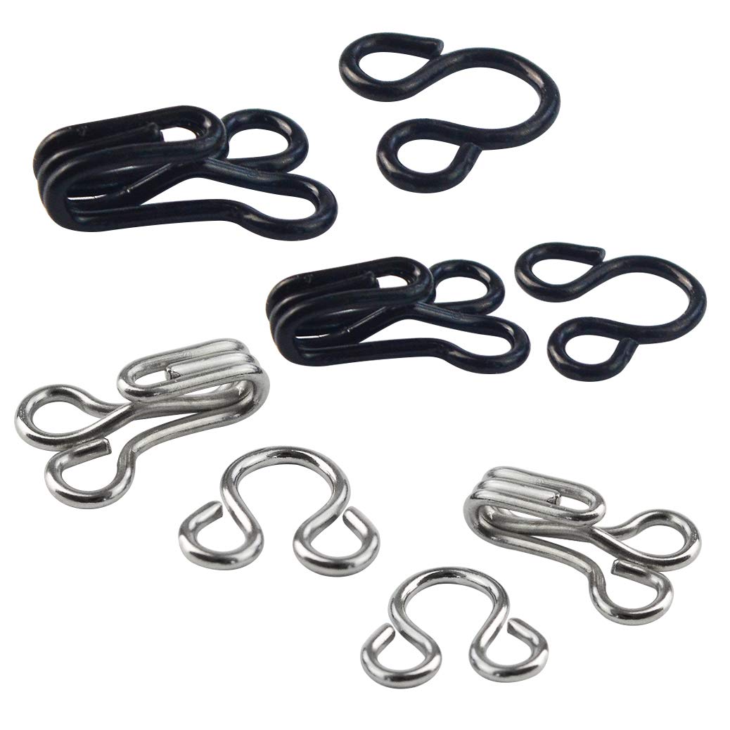 mifengdaer 60 Set Sewing Hooks 3 Sizes Metal Eyes Closure Bra Hooks Clothing Fasteners for Bra and Trousers Skirts Clothing Repair (Silver and Black)