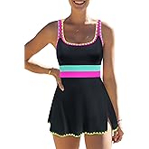 popvil One Piece Swimsuit Women Tummy Control Swim Dress Neon Color Block Swim Suits 2025 Bathing Suit with Skirt