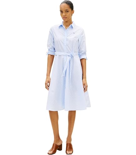 Tommy Hilfiger Women's Belted Linen Knot Short Sleeve Midi Dress,Beige/White Stripe X-Small at Amazon Women's Clothing store