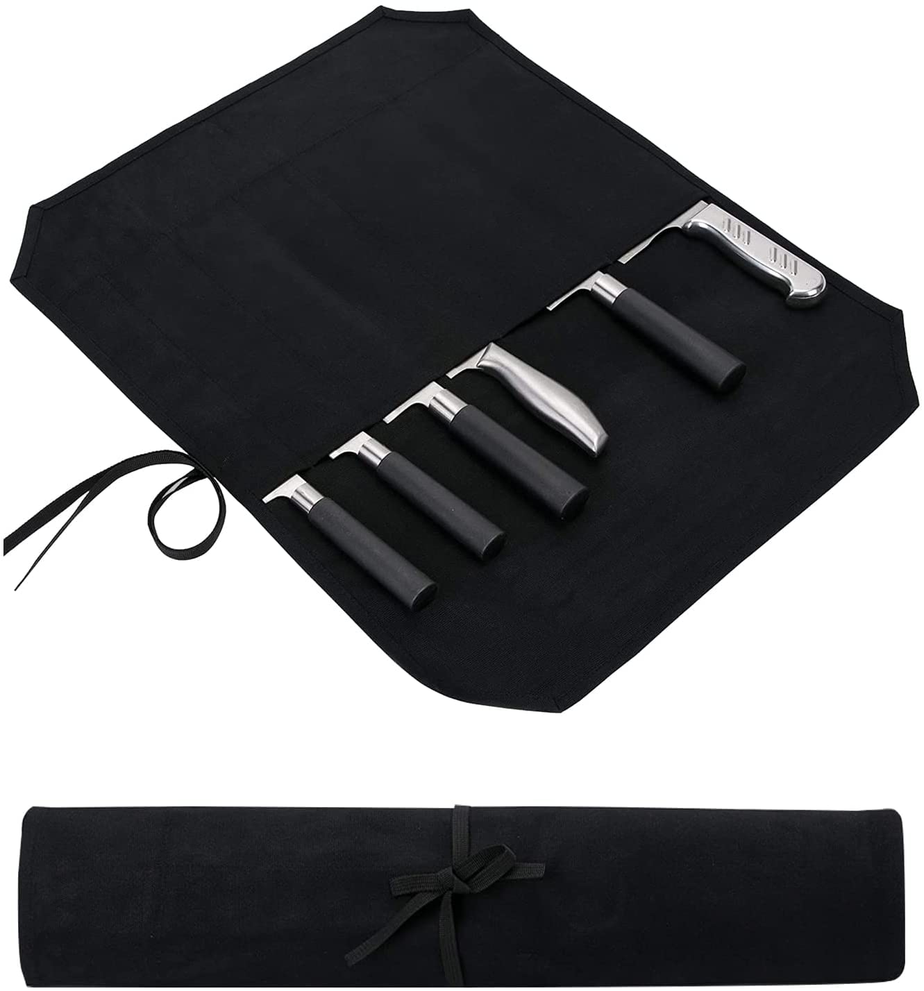 Chefs Knife Roll Bag,Waxed Canvas Knife Case Storage,Portable Chef Knife Bag,7 Slots Knife Cutlery Tool Roll Case for Camping Hiking,Heavy Duty Knife Bags Gifts for Chefs Men(Black)