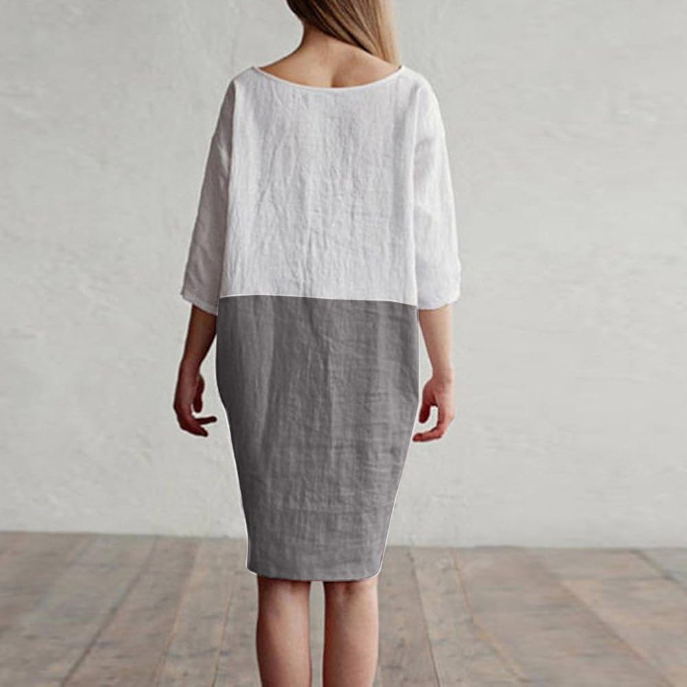 POTO Women Dresses, Loose Color Stitching Casual Dresses with Pockets Cotton Linen Tunic Dress Party Dress Beach Dress