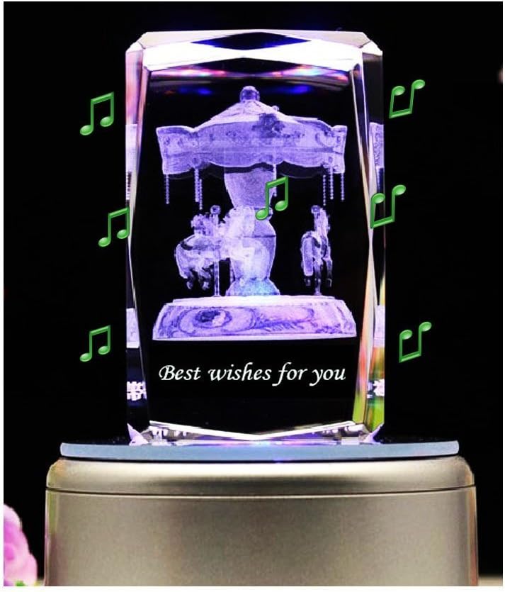 Mingyunda Crystal 3D Carrousel Colorful Rotating Music Box Engraved Best Wishes for You, 18 Non-Replaceable Absolute Music