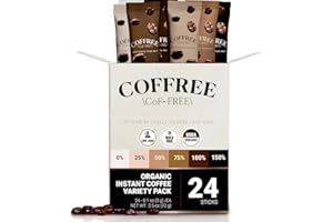 COFFREE Organic Instant Coffee Packets Variety Pack - Convenient Single Serve Coffee Sticks, Mold Free, Low Acid Arabica for On-the-Go Energy - 0–150% Caffeine Options for Hot or Cold Brew - 24 Count
