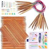 Exquiss Knitting Needles Set-18 Pairs 18 Sizes Bamboo Circular Knitting Needles with Colored Tube + 75 Pcs 15 Sizes Bamboo Double Pointed Knitting Needles Set + Weaving Tools Knitting Kits