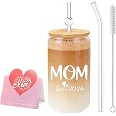 DAMCONME Pregnancy Gift for Expecting Mother, Est 2026 Glass Cup with Bamboo Lid and Glass Straws, Mother to Be Keepsake, First Mothers Day Gifts