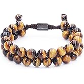 Mens Beaded Bracelet for Men - COLORFEY Authentic Tiger Eye Bracelets Handmade Obsidian Onyx Bead Bracelets 2Row, Natural Stone Protection Bracelet for Him 8mm Healing Crystal Christmas Gift for Him