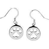 925 Sterling Silver Circle Dog Paw Print Dangle Earrings